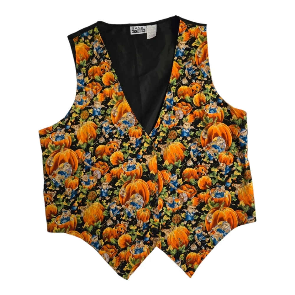 Vintage Basic Editions Halloween Teddy Bear Pumpkin Print Vest